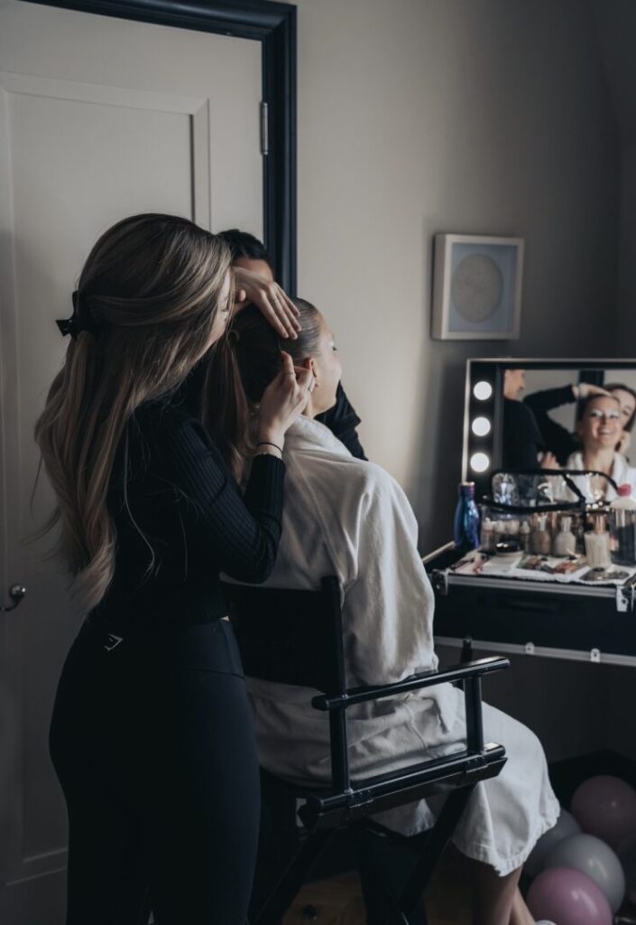 Bride having her bridal hair and makeup preview with a professional hair and makeup artist